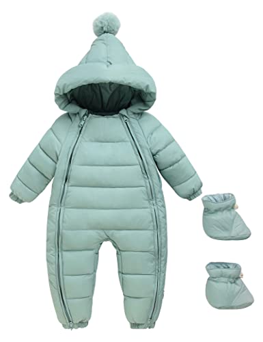 Maeau Baby Mädchen Jungen Schneeanzug mit Kapuze 0-6 Monate Daunenanzug Strampler Daunenanzug Overall Winter Baumwolle Kleinkind Spielanzug Neugeborene Outfit Warm Jumpsuit Langarm Daunen Schuhe Grün von Maeau