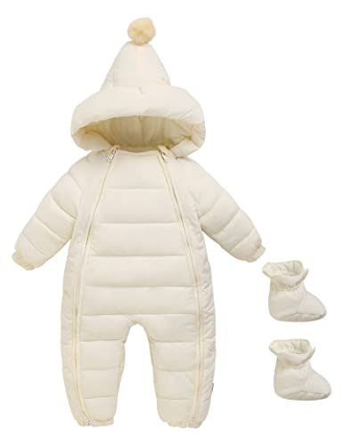 Maeau Baby Mädchen Jungen Schneeanzug mit Kapuze 0-6 Monate Daunenanzug Strampler Daunenanzug Overall Winter Baumwolle Kleinkind Spielanzug Neugeborene Outfit Warm Jumpsuit Langarm Daunen Schuhe Weiß von Maeau