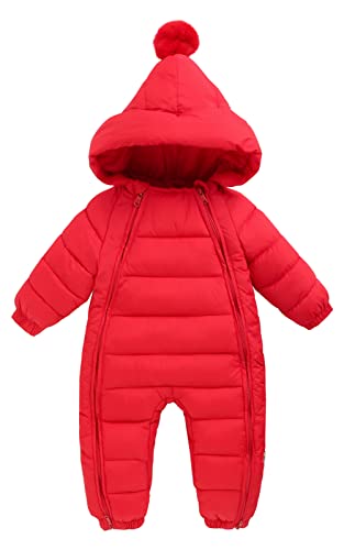 Maeau Baby Mädchen Jungen Schneeanzug mit Kapuze 0-6 Monate Daunenanzug Strampler Daunenanzug Overall Winter Baumwolle Kleinkind Spielanzug Neugeborene Outfit Warm Jumpsuit Langarm Daunenjacke Rot von Maeau