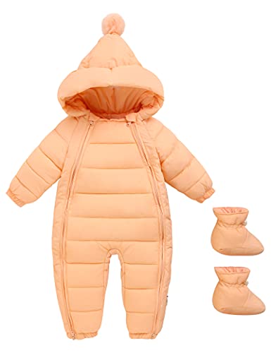 Maeau Baby Mädchen Jungen Schneeanzug mit Kapuze 12-18 Monate Daunenanzug Strampler Daunenanzug Overall Winter Baumwolle Kleinkind Spielanzug Neugeborene Outfit Jumpsuit Langarm Daunen Schuhe Orange von Maeau