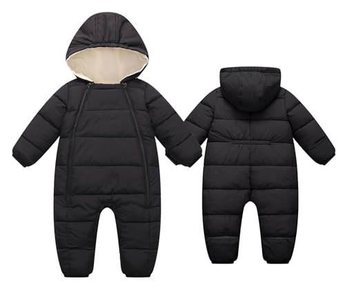 Maeau Baby Mädchen Jungen Schneeanzug mit Kapuze Strampler Fleece Overall Winter Baumwolle Kleinkind Spielanzug Gefüttert Neugeborene 12-18 Monate Jacke Anzug Outfit Warm Jumpsuit Herbst Schwarz von Maeau