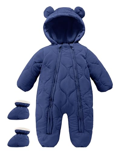 Maeau Baby Mädchen Jungen Schneeanzug mit Kapuze Strampler Fleece Overall Winter Kleinkind Spielanzug Gefüttert Neugeborene Strampelanzug Daunenanzug Outfit Jumpsuit Snowsuit 6 7 8 9 Monate Marineblau von Maeau