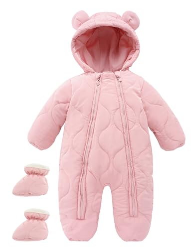 Maeau Baby Mädchen Jungen Schneeanzug mit Kapuze Strampler Fleece Overall Winter Kleinkind Spielanzug Gefüttert Neugeborene Strampelanzug Daunenanzug Outfit Warm Jumpsuit Snowsuit 9 12 Monate Rosa von Maeau