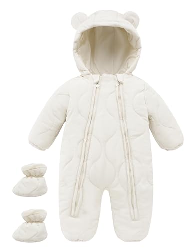 Maeau Baby Mädchen Jungen Schneeanzug mit Kapuze Strampler Fleece Overall Winter Kleinkind Spielanzug Gefüttert Neugeborene Strampelanzug Daunenanzug Outfit Warm Jumpsuit Snowsuit Weiß 9-12 Monate von Maeau