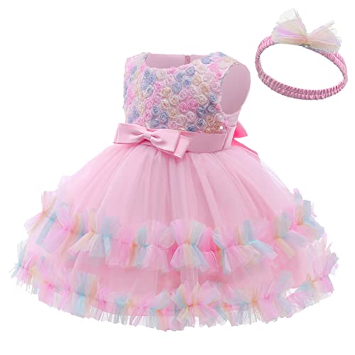 Maeau Baby Mädchen Party Kleid Hochzeit Festzug Taufe Taufe Tutu Kleinkind Mädchen Blumenkleider mit Kopfbedeckung, rot, 6-12 Monate von Maeau