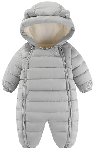 Maeau Baby Mädchen Schneeanzug mit Kapuze Strampler Fleece Baby Jungen Overall Winter Baumwolle Kleinkind Spielanzug Gefüttert Neugeborene Daunenanzug Outfit Warm Jumpsuit Langarm 5-10 Monate Grau von Maeau