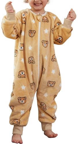 Maeau Baby Schlafsack Flanell mit Füßen Beinen Winter Mädchen Schlafstrampler Langarm Kinder Junge 4 5 Jahre Spielanzug Kleinkind Strampler Romper Pyjama Jumpsuit Tiere Reißverschluss Onesies Braun von Maeau