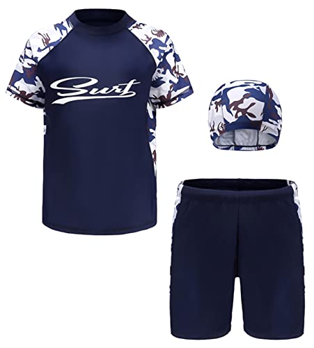 Maeau Bade Set Kinder Junge Bademode Jungen 13-14 Jahre Zweiteiliger Badeanzug mit Kurzen Ärmeln Badebekleidung Uv Schutz Schwimmbekleidung Cartoon Badeshorts Badehose Set Jungen und Hut Blau von Maeau