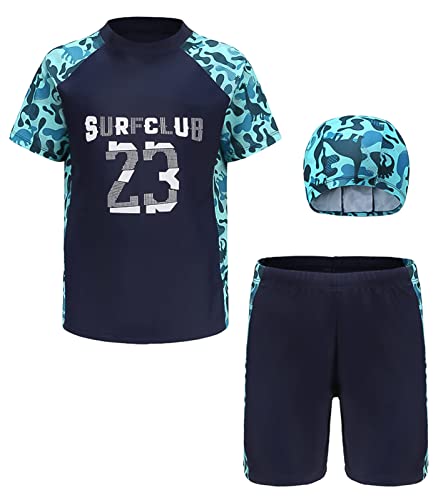 Maeau Bade Set Kinder Junge Bademode Jungen 5-6 Jahre Zweiteiliger Badeanzug mit Kurzen Ärmeln Badebekleidung Uv Schutz Schwimmbekleidung Cartoon Badeshorts Badehose Set Jungen und Hut Marineblau von Maeau