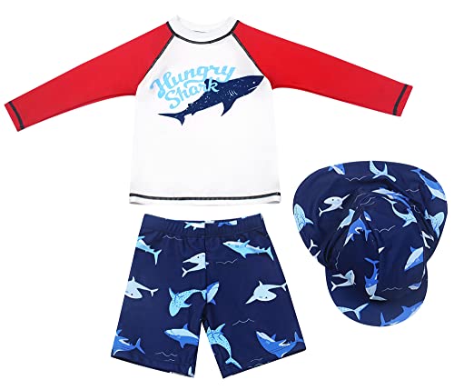 Maeau Bade Set Kinder Junge Bademode Jungen 5-6 Jahre Zweiteiliger Badeanzug mit Langen Ärmeln Badebekleidung Uv Schutz Schwimmbekleidung Cartoon Badeshorts Badehose Set Jungen und Hut Rot von Maeau