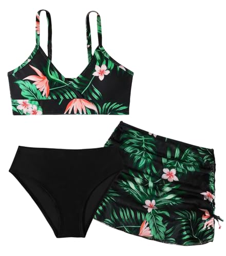Maeau Badeanzug Dreiteilig Kinder Mädchen 12 13 Jahre Bademode Bikini 150 Zweiteiliger Badeanzug Bedruckt Blumen Floral Badebekleidung 3 teiler Hawaii Badeanzug Strand mit Rock Schwimmen Schwarz von Maeau