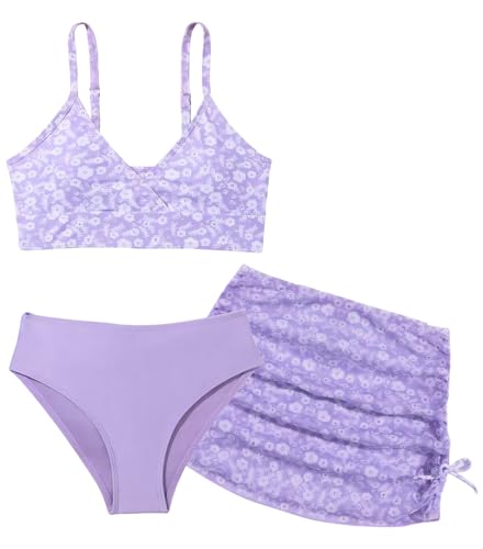 Maeau Badeanzug Dreiteilig Kinder Mädchen 12 13 Jahre Bademode Bikini 150 Zweiteiliger Badeanzug Bedruckt Blumen Floral Badebekleidung 3 teiler Hawaii Badeanzug Strand mit Rock Schwimmen Violett von Maeau