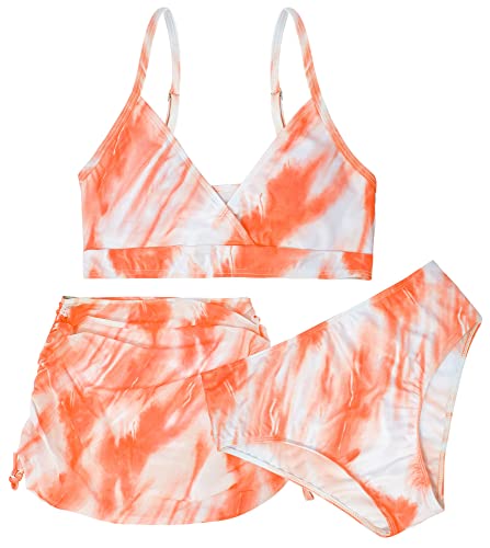 Maeau Badeanzug Dreiteilig Mädchen 10 11 Jahre Bademode Bikini Kinder Mädchen 140 Zweiteiliger Badeanzug Bedruckt Blumen Floral Badebekleidung 3 2 teiler Badeanzug Hawaii Strand Rock Schwimmen Orange von Maeau