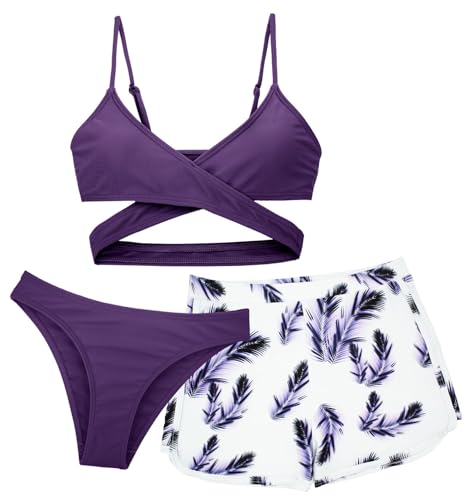 Maeau Dreiteiliger Badeanzug für Mädchen 10-11 Jahre - Bikini Set mit Blumen Muster und Hawaii Strand Shorts - Violett von Maeau