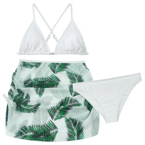 Maeau Dreiteiliger Badeanzug für Mädchen 10-11 Jahre - Zweiteiliger Bikini mit Blumen-Print und Rock - Hawaii Strand Badebekleidung zum Schwimmen - Weiß von Maeau
