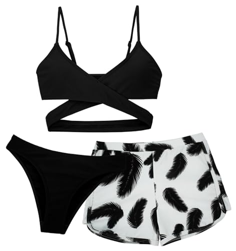 Maeau Dreiteiliger Badeanzug für Mädchen 12-13 Jahre - Zweiteiliger Bikini mit Blumen-Print - Hawaii Strand Shorts - Schwarz von Maeau