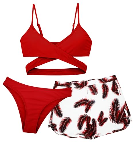 Maeau Badeanzug Dreiteilig Mädchen 14 Jahre Bademode Bikini Kinder Mädchen 160 Zweiteiliger Badeanzug Bedruckt Blumen Floral Badebekleidung 3 2 teiler Badeanzug Hawaii Strand mit Shorts Schwimmen Rot von Maeau