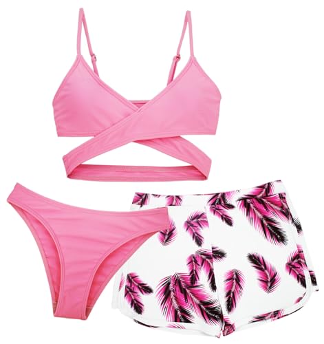 Maeau Dreiteilig Mädchen Badeanzug 14 Jahre Bademode Bikini Kinder 160 Zweiteiliger Bedruckt Blumen Floral Badebekleidung 3 2 Teiler Hawaii Strand Mit Shorts Schwimmen Rosa von Maeau