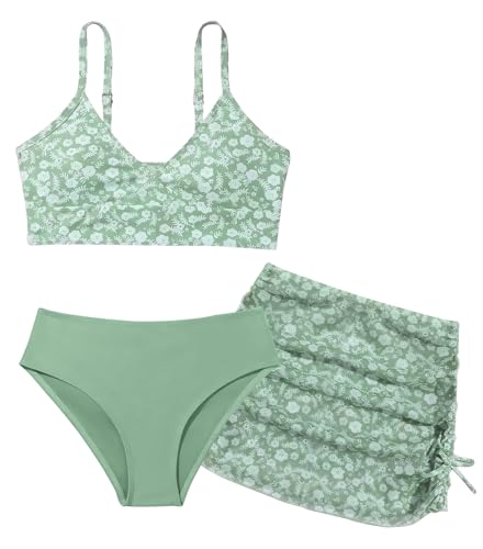Maeau Badeanzug Dreiteilig Mädchen 14 Jahre Bademode Bikini Kinder Mädchen 160 Zweiteiliger Badeanzug Bedruckt Blumen Floral Badebekleidung 3 2 teiler Hawaii Badeanzug Strand mit Rock Schwimmen Grün von Maeau