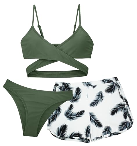 Maeau Badeanzug Dreiteilig Mädchen 8 9 Jahre Bademode Bikini Kinder Mädchen 130 Zweiteiliger Badeanzug Bedruckt Blumen Floral Badebekleidung 3 2 teiler Badeanzug Hawaii Strand Shorts Schwimmen Grün von Maeau