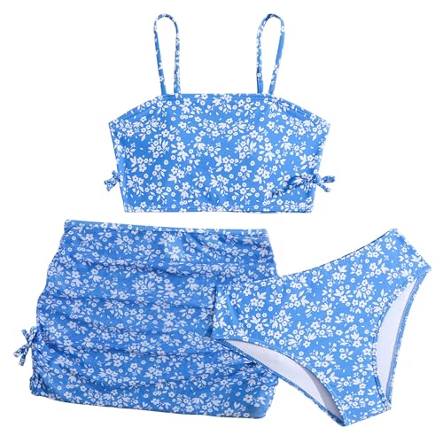 Maeau Badeanzug Dreiteilig Mädchen 9 Jahre Bademode Bikini Kinder Mädchen Zweiteiliger Badeanzug Strand mit Rock Badebekleidung 3 teiler Hawaii Schwimmen Bedruckt Blumen Floral Blau von Maeau