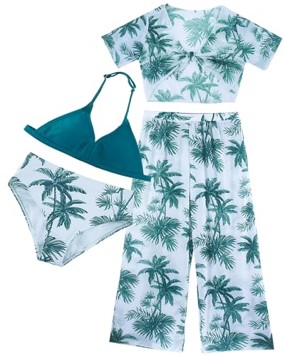 Maeau Badeanzug Kinder Mädchen 10 11 12 Jahre 4 Teilig Stück Bademode Bikini Set Badeanzug mit Cover Up Langer Hose Kurzarm Shirt Badebekleidung Tankini Schwimmanzug Bedruckt Hawaii Strand Grün von Maeau