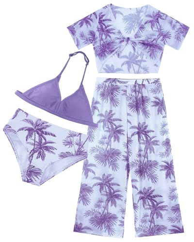 Maeau Badeanzug Kinder Mädchen 10 11 12 Jahre 4 Teilig Stück Bademode Bikini Set Badeanzug mit Cover Up Langer Hose Kurzarm Shirt Badebekleidung Tankini Schwimmanzug Bedruckt Hawaii Strand Violett von Maeau