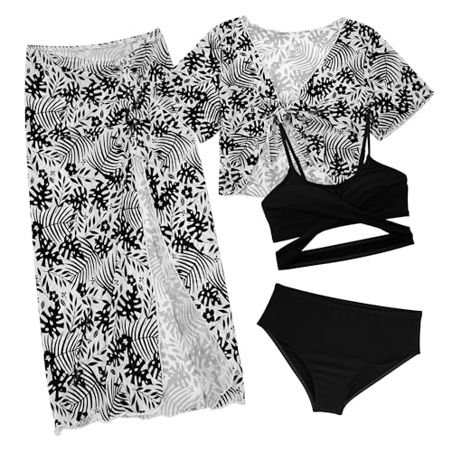 Maeau Badeanzug Kinder Mädchen 11 12 Jahre 4 Teilig Stück Bademode Bikini Set Badeanzug mit Cover Up Rock Lang Kurzarm Shirt Badebekleidung Tankini Schwimmanzug Bedruckt Floral Hawaii Strand Schwarz von Maeau