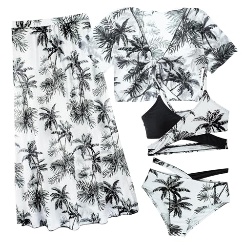 Maeau Badeanzug Kinder Mädchen 11 12 Jahre 4 Teilig Stück Bademode Bikini Set Badeanzug mit Cover Up Rock Lang Kurzarm Shirt Badebekleidung Tankini Schwimmanzug Bedruckt Floral Hawaii Strand Schwarz von Maeau