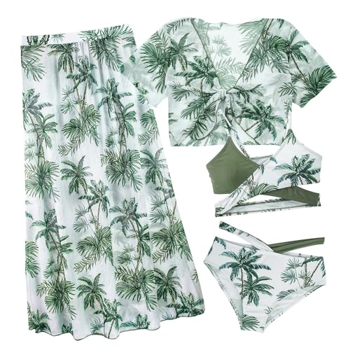 Maeau Badeanzug Kinder Mädchen 14 Jahre 4 Teilig Stück Bademode Bikini Set Badeanzug mit Cover Up Rock Lang Kurzarm Shirt Badebekleidung Tankini Schwimmanzug Bedruckt Floral Blumen Hawaii Strand Grün von Maeau