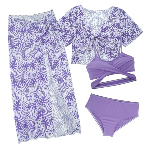 Maeau Badeanzug Kinder Mädchen 7 8 Jahre 4 Teilig Stück Bademode Bikini Set Badeanzug mit Cover Up Rock Lang Kurzarm Shirt Badebekleidung Tankini Schwimmanzug Bedruckt Floral Hawaii Strand Violett von Maeau