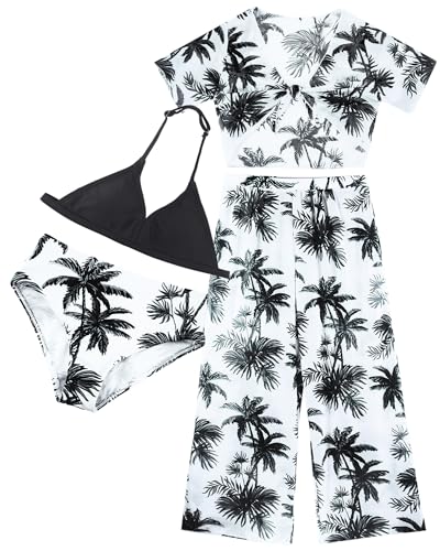 Maeau Badeanzug Kinder Mädchen 9 10 Jahre 4 Teilig Stück Bademode Bikini Set Badeanzug mit Cover Up Langer Hose Kurzarm Shirt Badebekleidung Tankini Schwimmanzug Bedruckt Floral Hawaii Strand Schwarz von Maeau