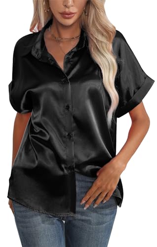 Maeau Bluse Damen Seide Kurzarmhemd Stehtkragen Locker Blusenshirt V-Ausschnitt Satin Damenshirt Elegant Business Seidenbluse Klassische Knopf Arbeitshemd XL von Maeau