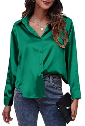 Maeau Bluse Damen Seide Langarmhemd Stehtkragen Locker Blusenshirt V-Ausschnitt Satin Damenshirt Elegant Business Seidenbluse Klassische Knopf Arbeitshemd XL von Maeau