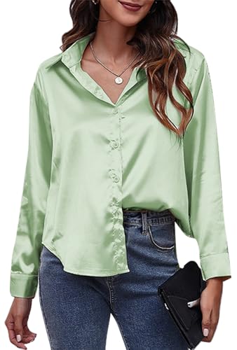 Maeau Bluse Damen Seide Langarmhemd Stehtkragen Locker Blusenshirt V-Ausschnitt Satin Damenshirt Elegant Business Seidenbluse Klassische Knopf Arbeitshemd XL von Maeau