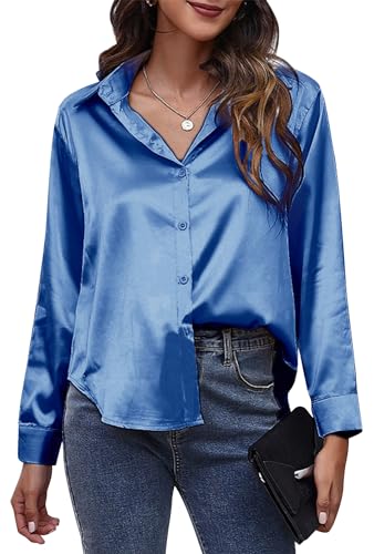 Maeau Bluse Damen Seide Langarmhemd Stehtkragen Locker Blusenshirt V-Ausschnitt Satin Damenshirt Elegant Business Seidenbluse Klassische Knopf Arbeitshemd XL von Maeau