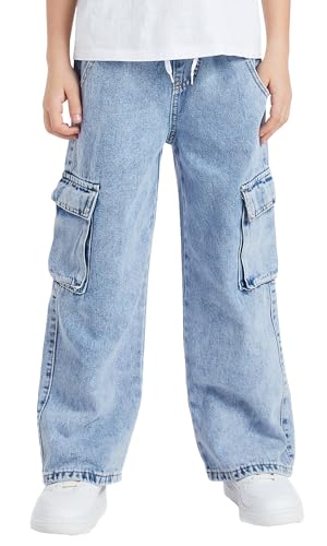Maeau Cargo Jeans Kinder Jungen 12 Jahre Jeans mit Weitem Bein Jeanshose Baggy Cargohose Teenager Denim Hose Gerades Bein Loose Fit Hosen Elastischer Bund Freizeithose Lange Blau von Maeau