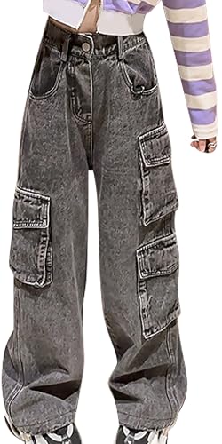 Maeau Cargo Jeans Kinder Mädchen 10 11 Jahre Jeans mit Weitem Bein Jeanshose Baggy Jeans Teenager Mädchen Denim Hose Gerades Bein Loose Fit Jeans Elastischer Bund Freizeithose Jeans Lange Schwarz von Maeau