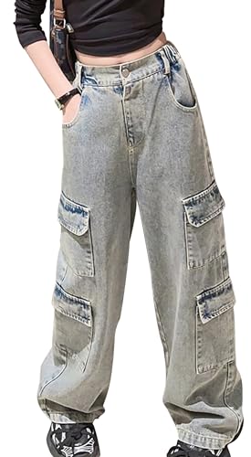 Maeau Cargo Jeans Kinder Mädchen 11 12 Jahre Jeans mit Weitem Bein Jeanshose Baggy Jeans Teenager Mädchen Denim Hose Gerades Bein Loose Fit Jeans Elastischer Bund Freizeithose Jeans Lange Blau 160 von Maeau
