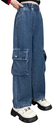 Maeau Cargo Jeans Kinder Mädchen 11 12 Jahre Jeans mit Weitem Bein Jeanshose Baggy Jeans Teenager Mädchen Denim Hose Gerades Bein Loose Fit Jeans Elastischer Bund Freizeithose Jeans Lange Blau 160 von Maeau