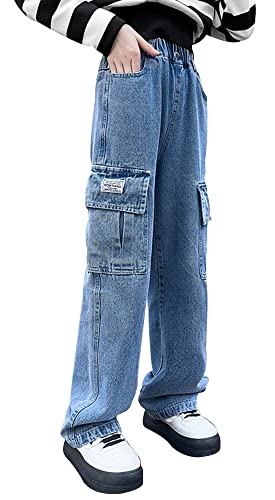 Maeau Cargo Jeans Kinder Mädchen 13 14 15 Jahre Jeans mit Weitem Bein Jeanshose Baggy Jeans Teenager Mädchen Denim Hose Gerades Bein Loose Fit Jeans Elastischer Bund Freizeithose Jean Lange Blau von Maeau