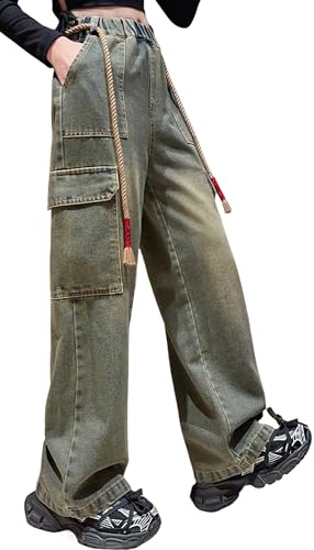Maeau Cargo Jeans Kinder Mädchen 13 14 15 Jahre Jeans mit Weitem Bein Jeanshose Baggy Jeans Teenager Mädchen Denim Hose Gerades Bein Loose Fit Jeans Elastischer Bund Freizeithose Jean Lange Blau 170 von Maeau