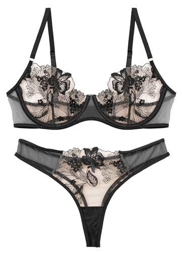 Maeau Damen Dessous Sets Spitzen Lingerie Sets Dünn Mesh BH Und Slip Floraler Spitze Tanga Weich Push Up BH Durchsichtig Schlüpfer XL von Maeau