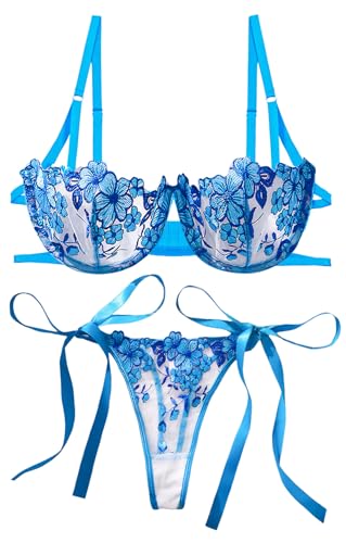 Maeau Damen Dessous Sets Spitzen Lingerie Sets Dünn Mesh BH Und Slip Floraler Spitze Tanga Weich Push Up BH Schnüren Durchsichtig Schlüpfer L von Maeau
