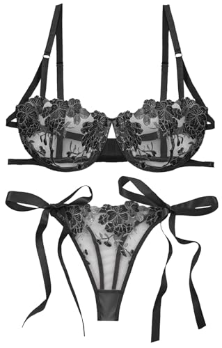Maeau Damen Dessous Sets Spitzen Lingerie Sets Dünn Mesh BH Und Slip Floraler Spitze Tanga Weich Push Up BH Schnüren Durchsichtig Schlüpfer L von Maeau