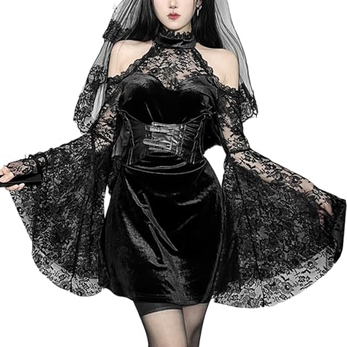 Maeau Damen Gothic Kleider Mittelalter Vintage Samtkleider Dunkler Stil Spitzenkleid Renaissance Neckholder Kleid S von Maeau
