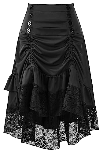 Maeau Damen Gothic Midirock Vintage Lolita Ballrock Halloween Mittelalter Cocktailrock Steampunk Spitze Mittellanger Rock Kordelzug Button Damen Winter Minirock für Halloween Karneval Party L von Maeau