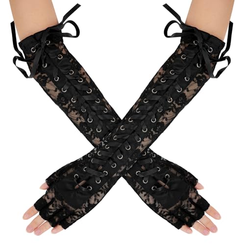 Maeau Damen Handschuhe Fingerlose Spitzenhandschuhe Schnürung Gothic Armstulpen Steampunk Netz Handschuhe Ellbogen Hochzeits Handschuhe Lange Opern Handschuhe von Maeau