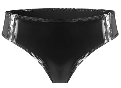 Maeau Damen Hotpants Kunstleder Glänzende Shorts Skinny Kurz Clubwear Unterhose Wetlook Reißverschluss G-String Ledershort Schwarz EU XS (Asie M) von Maeau