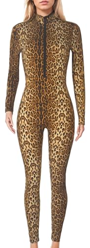 Maeau Damen Jumpsuit Einteiler Langarm Catsuit Leopard Figurbetont Overall Elastisch Stehkragen Playsuit Frontreißverschluss Bodycon Jumpsuit S von Maeau